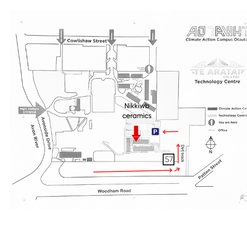 Map of a campus layout with labeled buildings and directions.